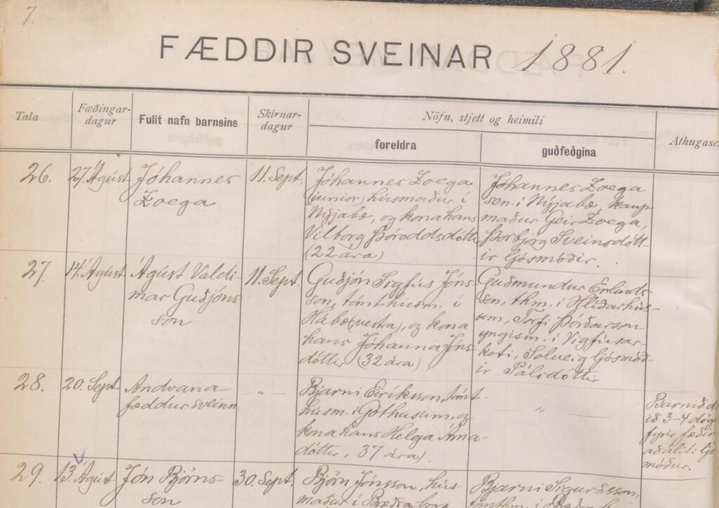 Jóhannes Vilborgarson (efsta lína) fæddur 1881. Foreldrarnir búa í Nýjabæ (ásamt guðföður drengsins).