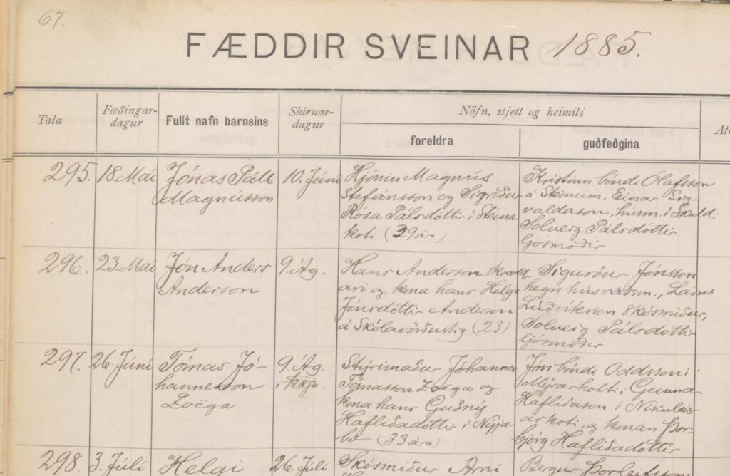 Tómas langafi Eyglóar fæddur 1885 (þriðja lína). Foreldrarnir búa í Nýjabæ.